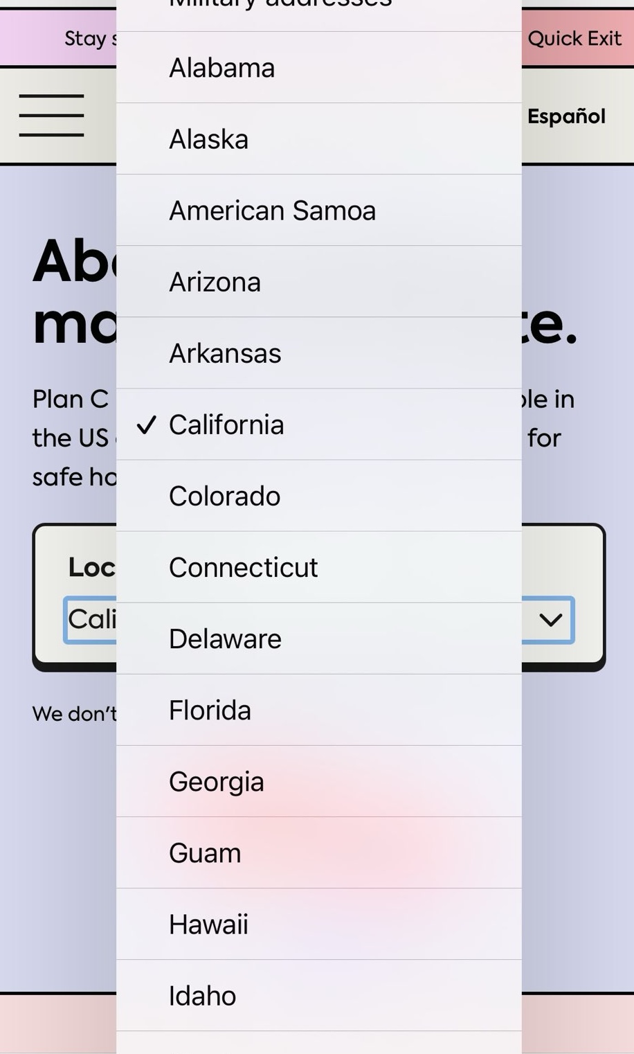 Menú de selección de estado de Plan C mostrando estados como California, Colorado, Connecticut