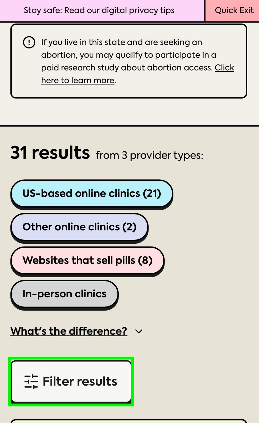 Página de resultados de Plan C mostrando el botón Filter results resaltado